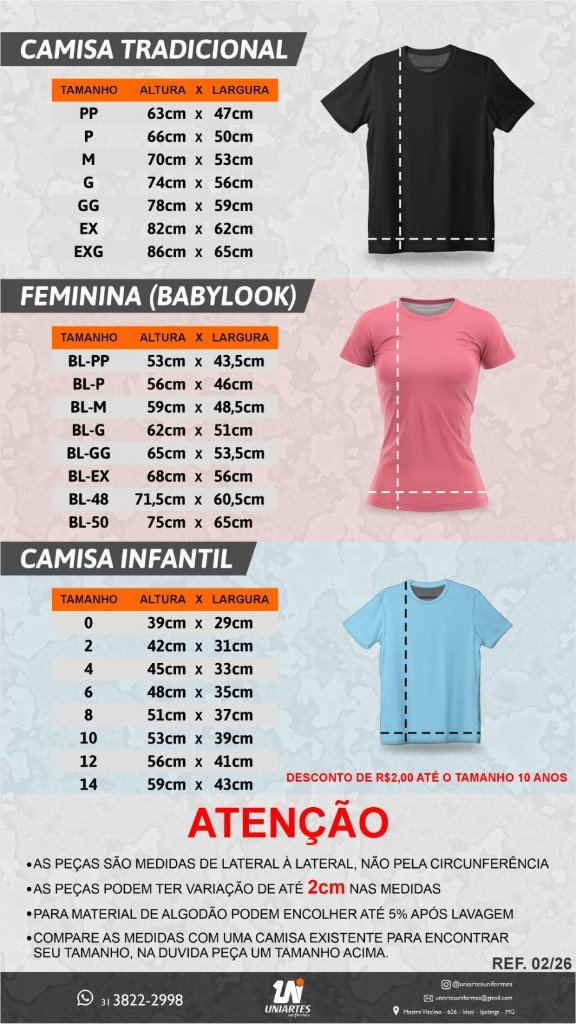 Tabela de tamanhos da camisa tradicional, babylook e infantil
